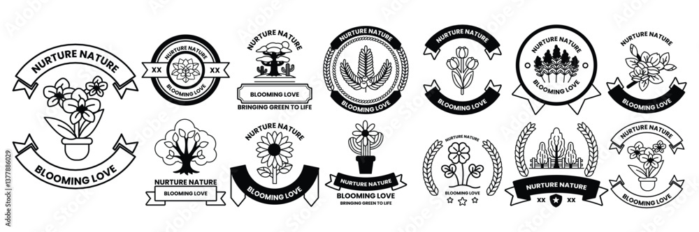 Poster set of illustrations in the concept of flowers and trees in line drawing style