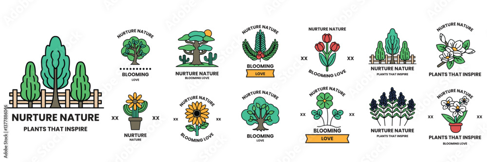 Poster set of illustrations in the concept of flowers and trees in line drawing style