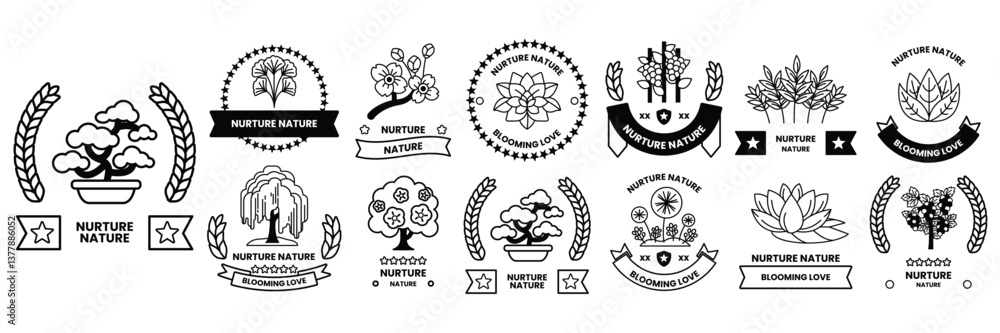 Poster set of illustrations in the concept of flowers and trees in line drawing style