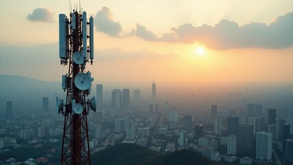 Telecommunication tower overlooking urban skyline at sunset