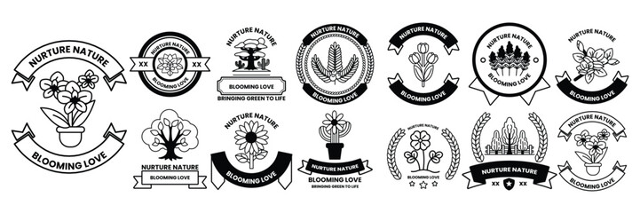 Set of illustrations in the concept of flowers and trees in line drawing style