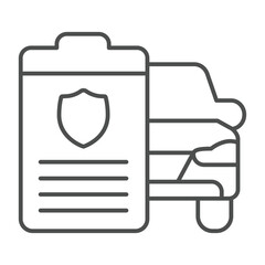 Car with document thin line icon, automobile sales concept. Vector graphics. Motor vehicle power of attorney form paper sign on white background, outline style icon for mobile or web design.