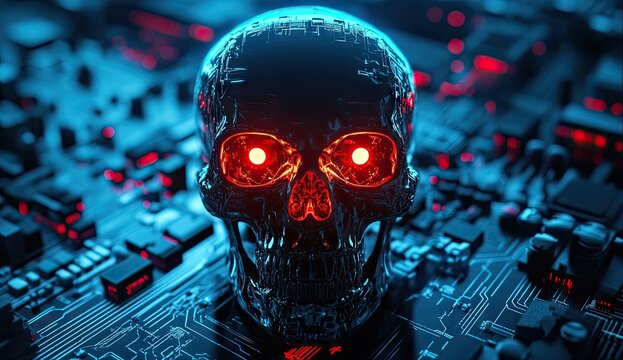 Cybernetic skull on circuit board - Powered by Adobe