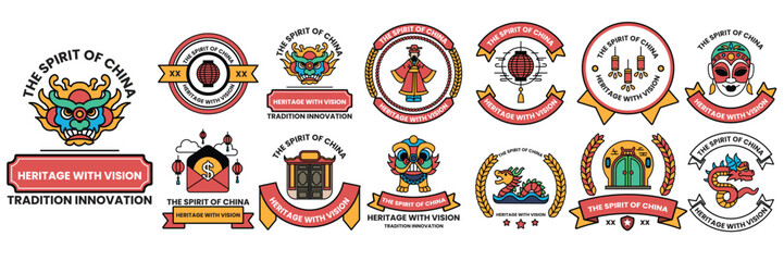 set of illustrations in the concept of Chinese and Japanese culture in a line drawing style