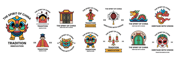 set of illustrations in the concept of Chinese and Japanese culture in a line drawing style