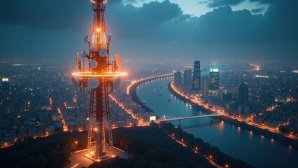 Fototapeta premium Tower glows brightly above a bustling city at dusk near a winding river