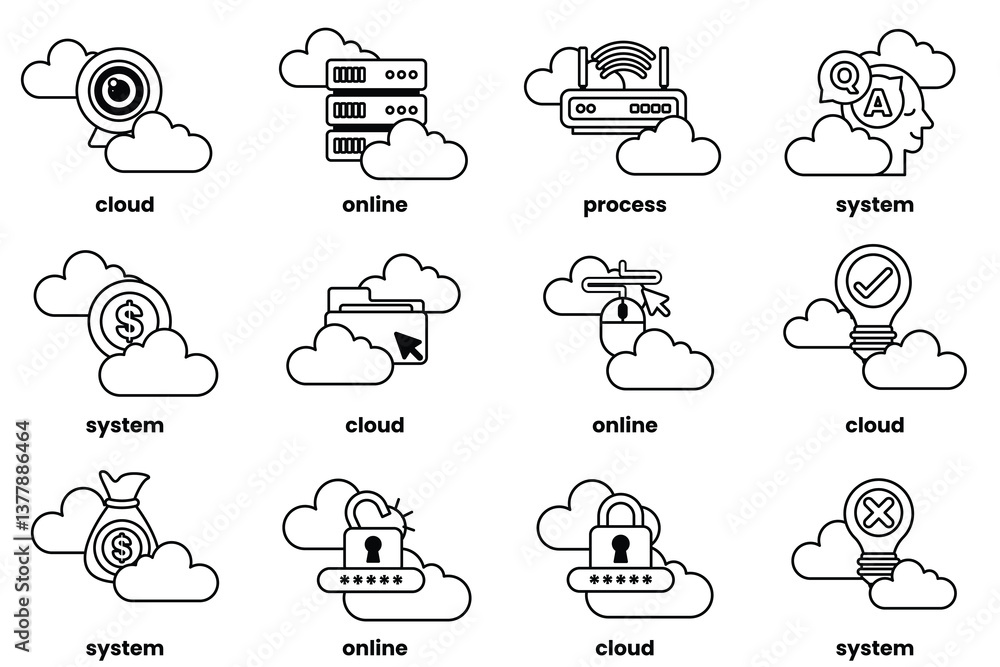 Poster set of illustrations in the concept of clouds and business in line art style