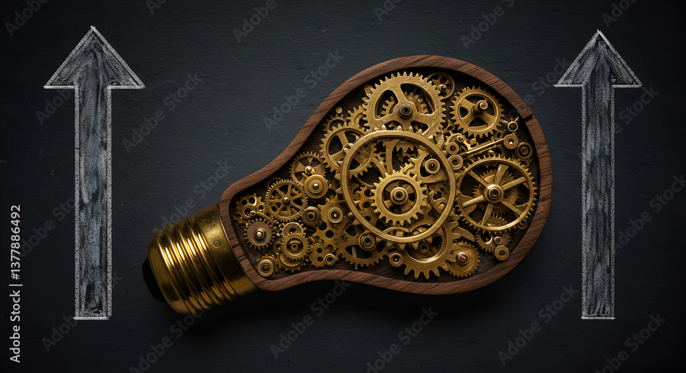 Poster lightbulb filled with golden gears on dark background with upward arrows and chalk markings