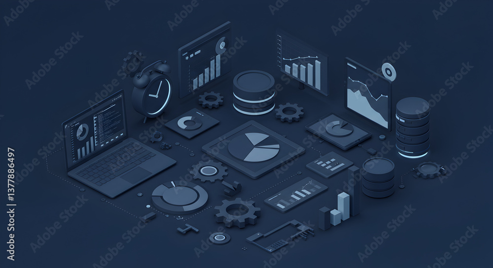 Poster isometric data analysis displaying charts graphs and diagrams in monochromatic pixelated blue