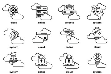 Set of illustrations in the concept of clouds and business in line art style