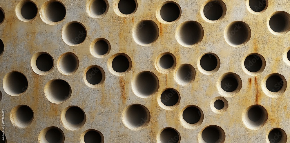 Poster close-up view of a textured wooden surface featuring a pattern of circular holes. showcasing natural