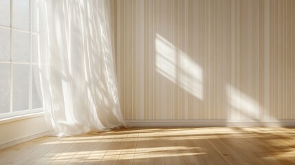A serene interior scene showcasing a bright. sunlit room with elegant curtains draping a large window. casting soft shadows on the wooden floor. creating a tranquil atmosphere