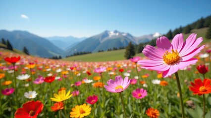 Obraz premium Vibrant wildflower meadow painting the mountains in a tapestry of colors