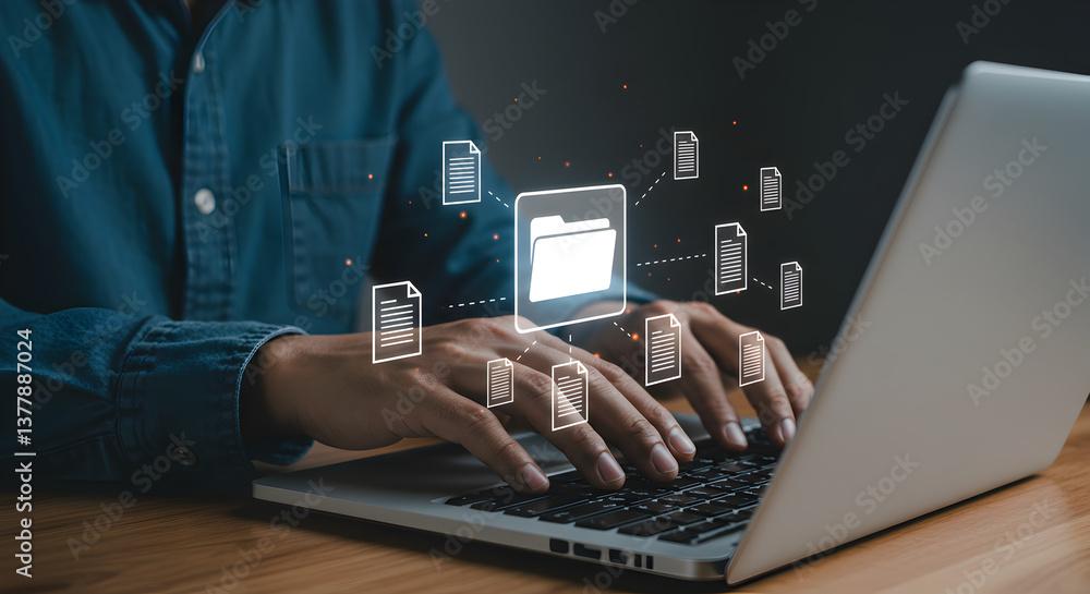 Poster man typing on laptop with digital document icons on dark background