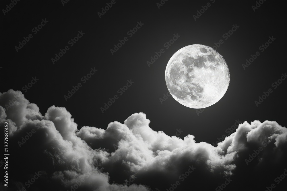 Poster a luminous full moon surrounded by wispy clouds at night. casting a serene glow over a tranquil land