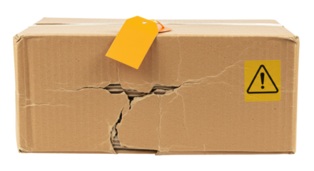 Isolated Damaged Shipping Box with Warning Label
