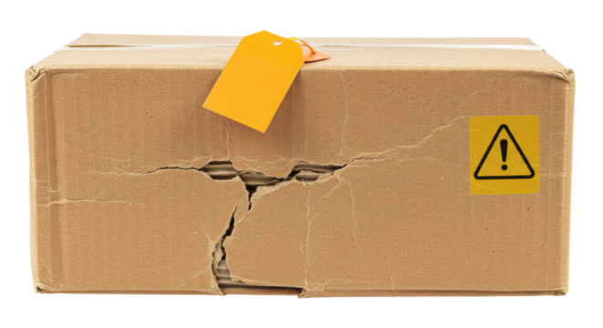 Isolated Damaged Shipping Box with Warning Label