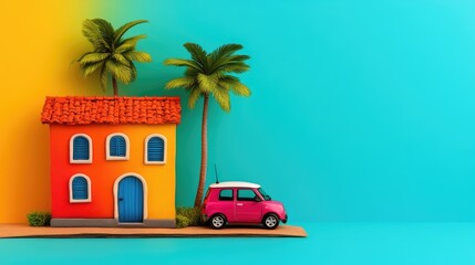 Cartoon house, car, & palm trees against vibrant yellow & blue background