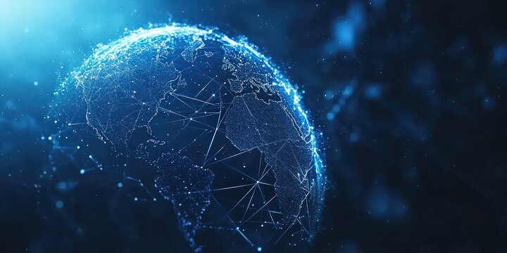 Earth with digital technology network. A futuristic global connection. Space and universe link continents in a global digital realm. Blue setting emphasizes communication and technology. Perfect bg