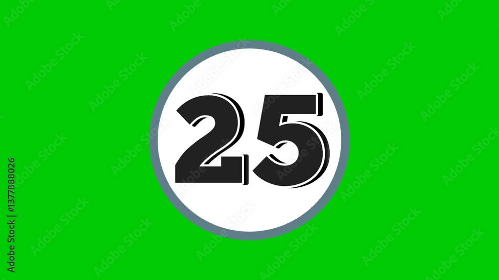 Poster number 25 symbol sign animation motion graphics cartoon black color on green screen background.numbe