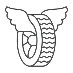 Car wheel with angel wings thin line icon, tires fitting concept. Vector graphics. Used rubber tire, changing wheels sign on white background, outline style icon for mobile or web design.