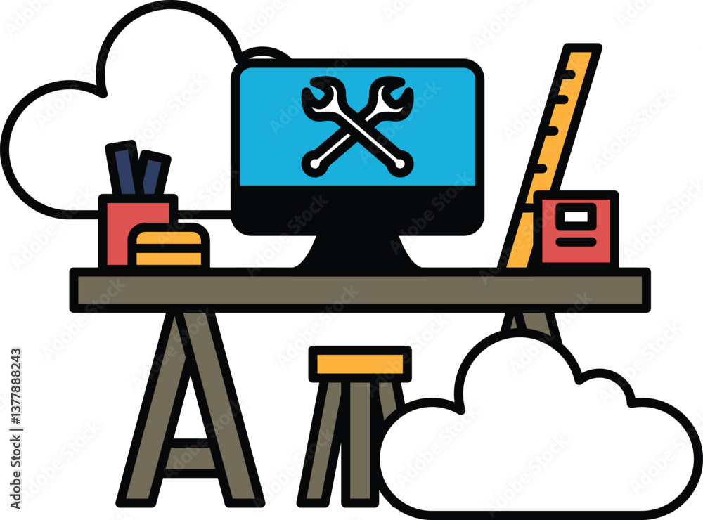 Poster a computer desk with a computer monitor and a ruler