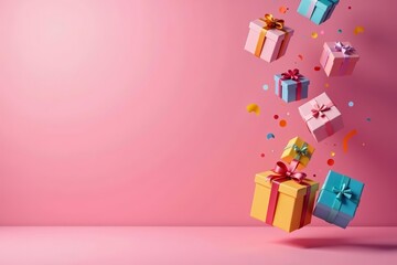 Colorful gifts flying on modern birthday background, celebration, excitement, presents