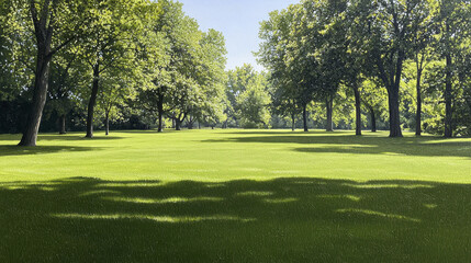Fototapeta premium Lush green grass sunny day park landscape trees nature outdoor scenery vibrant colors peaceful atmosphere summer tranquility