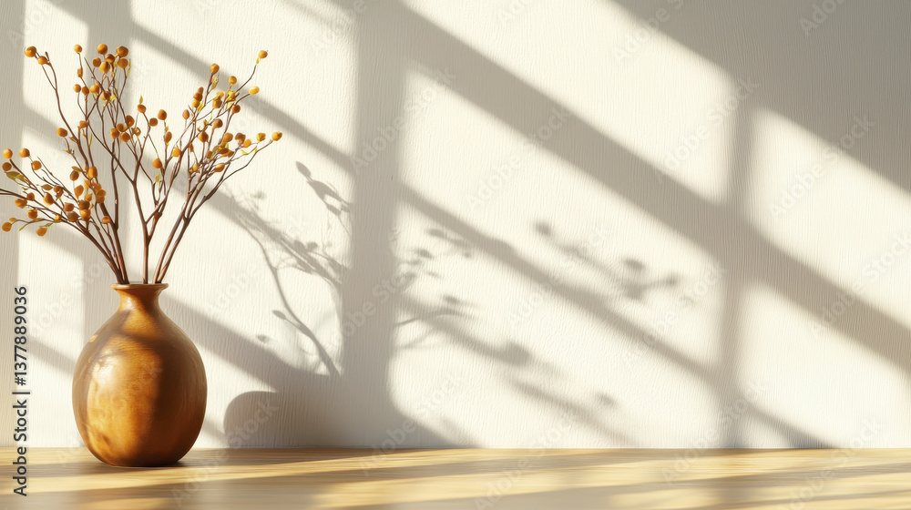 Poster minimalist design featuring vase with dried branches casting shadows on wall, creating serene atmosp