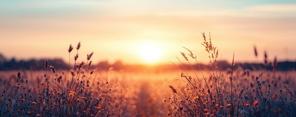 Blooming wildflower sunset reflection on misty pathway with vivid silhouette concept. A beautiful sunset over a tranquil field of tall grass.