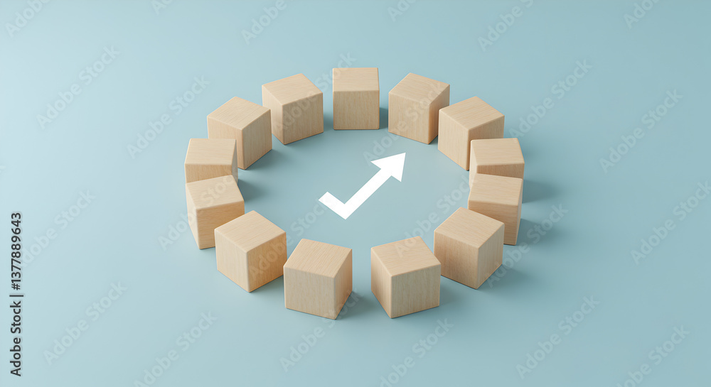 Aufkleber wooden blocks arranged in a circle with arrow pointing upward on blue background representing growth