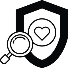 shield with a magnifying glass on it and a heart in the middle