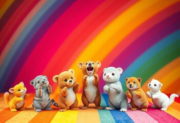 Obraz premium Cute animals performing tricks against a vibrant rainbow backdrop, joy, colorful