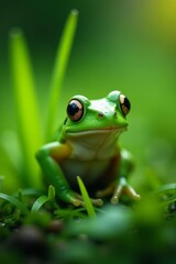 Naklejka premium Curious green frog blending in with blades of grass in natural habitat, camouflage, wildlife, green