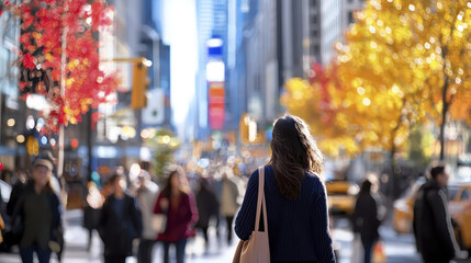 Fototapeta premium woman walks through bustling city street adorned with vibrant autumn foliage, capturing essence of urban life and seasonal change