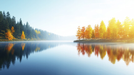Obraz premium serene lake surrounded by vibrant autumn trees reflects colorful foliage in calm waters, creating peaceful atmosphere