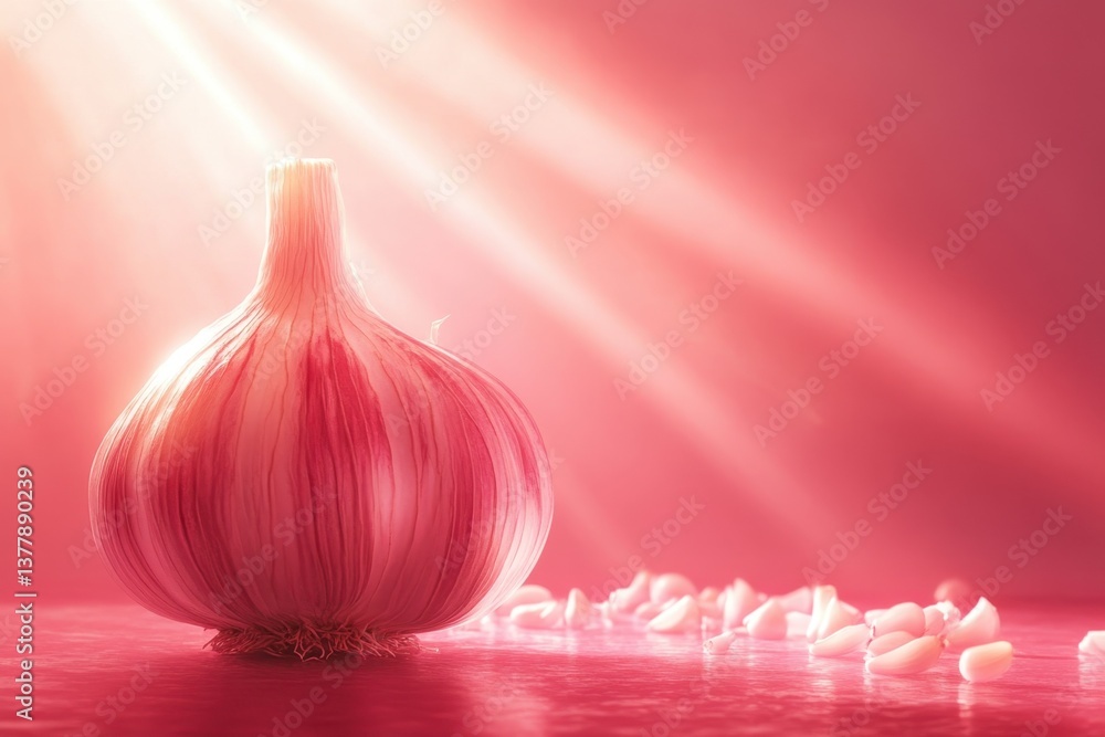 Poster garlic bulb illuminated by soft light with scattered cloves in vibrant setting