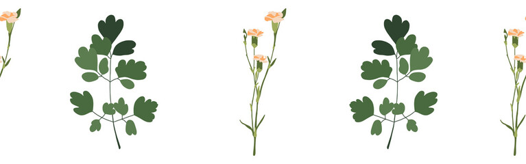 Leaves and flower border on a white background. Hand-drawn illustration. Perfect for spring and summer.	