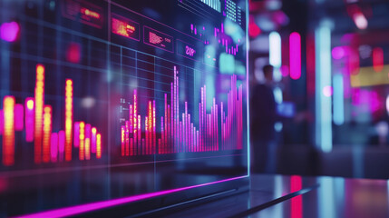 vibrant digital display showcasing colorful data visualizations and graphs, reflecting modern technology and analytics in dynamic environment