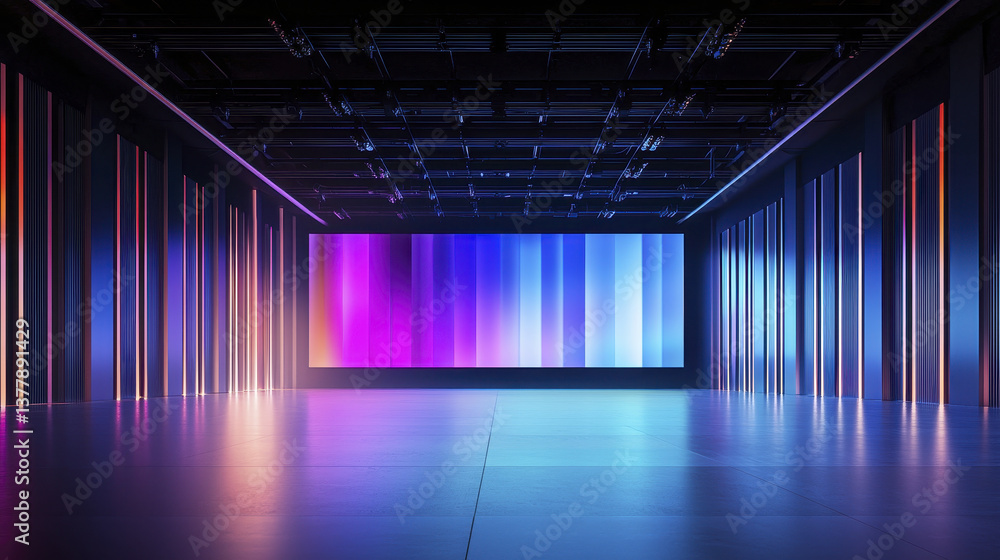 Poster modern, vibrant studio space featuring large screen with colorful vertical lights, creating dynamic 