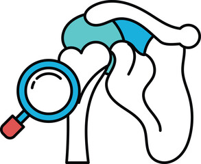 A blue and white drawing of a magnifying glass looking at a heart