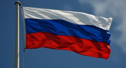 Naklejka premium 青空高く翻るロシア国旗 鮮やかな三色 力強い風