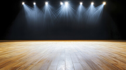 well lit stage with wooden flooring, showcasing bright spotlights illuminating space, creating inviting atmosphere for performances