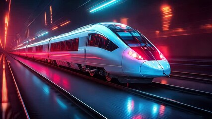 A futuristic train traveling through a neon-lit tunnel, showcasing vibrant colors and dynamic motion effects. - Powered by Adobe