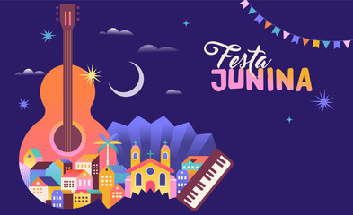 Festa Junina concept design. Brazilian music and dance summer festival carnival banner with city, guitar, accordion, lanterns, and flags. June festival in Brazil illustration