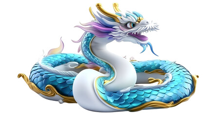 Isolated 3D Illustration of a Majestic Blue Dragon with Gold Details