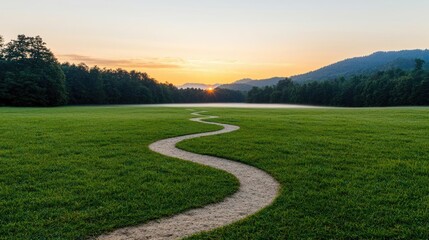 Obraz premium Golden hour sunset peace over tranquil meadow with misty silhouette concept. Scenic view of a winding path through a serene green field.