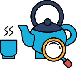 A blue teapot with a handle and a cup of coffee next to it