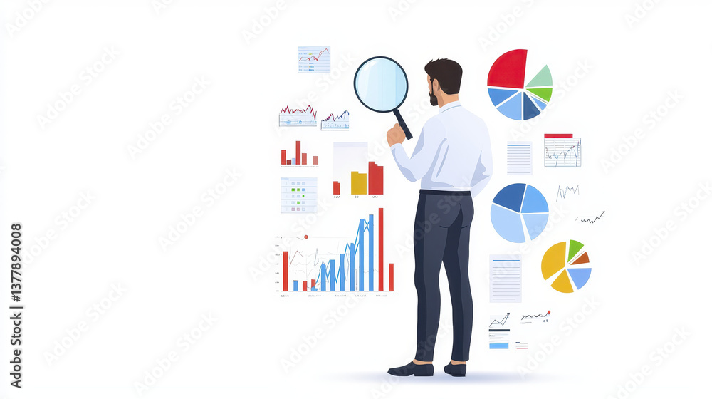 Poster analyzing data with magnifying glass, businessman observes various charts and graphs, showcasing ins