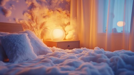 A dreamy bedroom with fluffy white bedding, a stylish nightstand, and a soft-glowing lamp.
